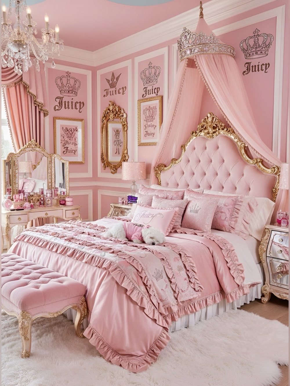 Juicy Couture Y2K Velour Velvet Baby Pink Ruffles Big Bling Crystal Logo Pillow